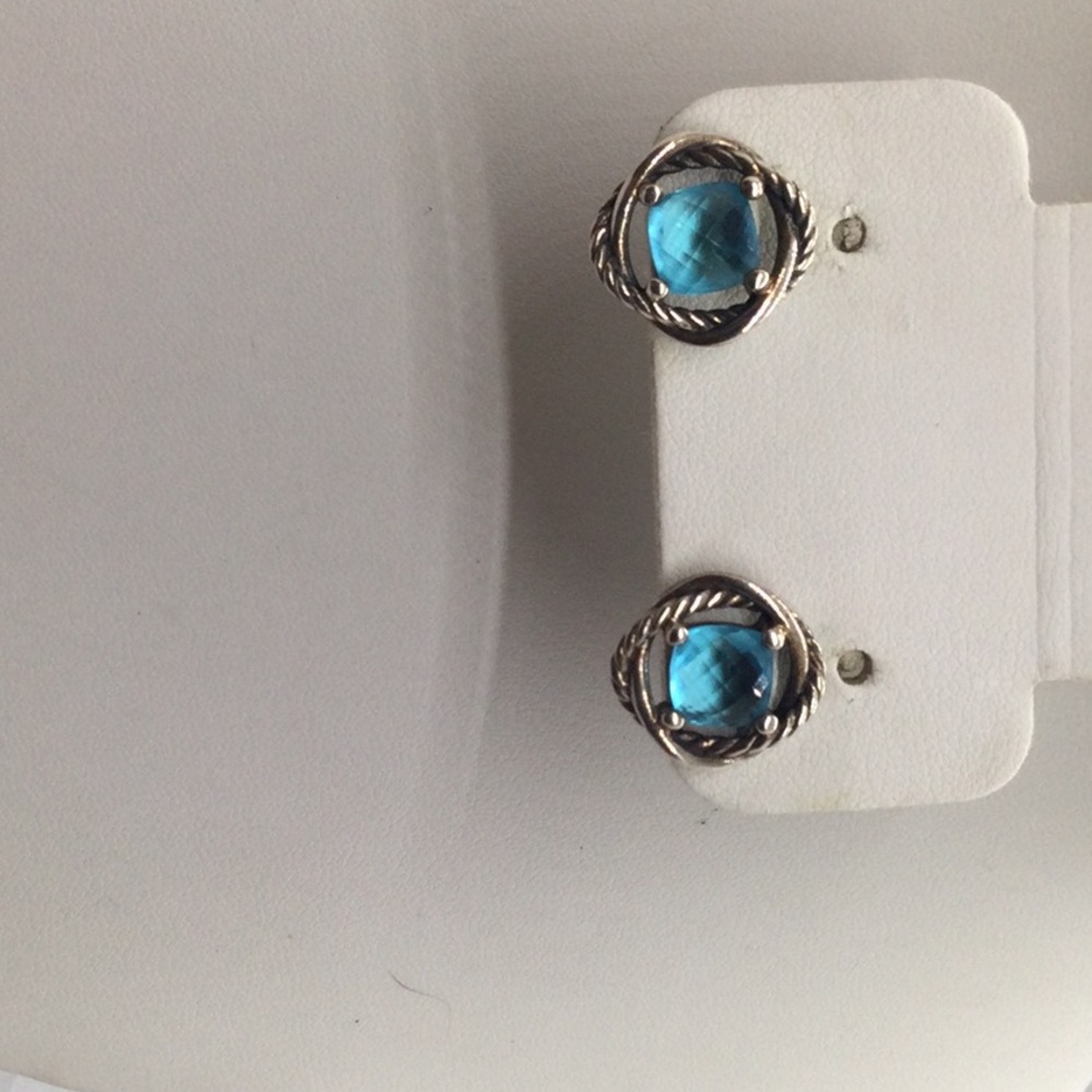 Silver Blue Stone Rope-Frame Stud Earrings